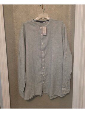 Livergy Men's Collarless Green Linen Blend Button Down Shirt XL NEW